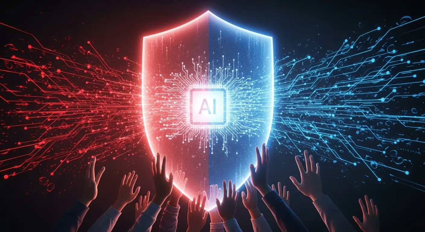 Understanding AI Bias: Why It Happens and How to Fight It 5 Diverse hands holding a shield that filters out biased data, symbolizing the strategic framework to fight AI bias.