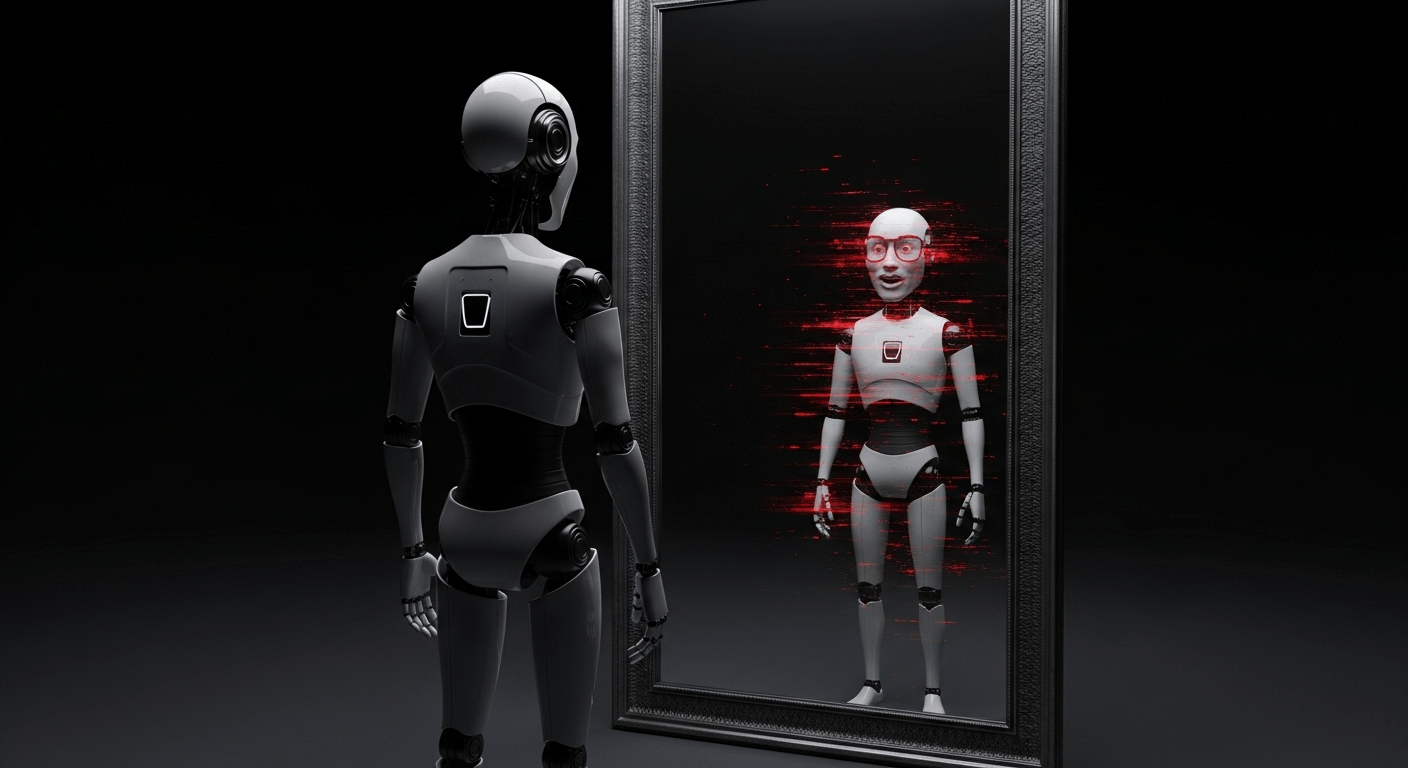 Understanding AI Bias: Why It Happens and How to Fight It 1 A robot looking at its distorted reflection in a mirror, an analogy for how AI bias reflects flawed human data.