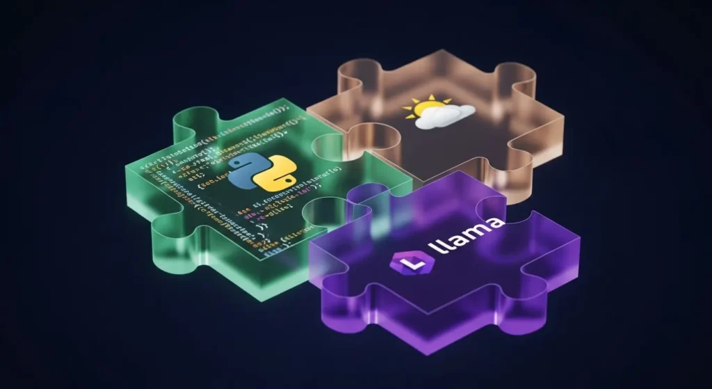 How to Use the Llama 3.1 API for Real-Time Function Calling? 4 An abstract visual of code and icons fitting together like puzzle pieces, representing the step-by-step AI agent development process.