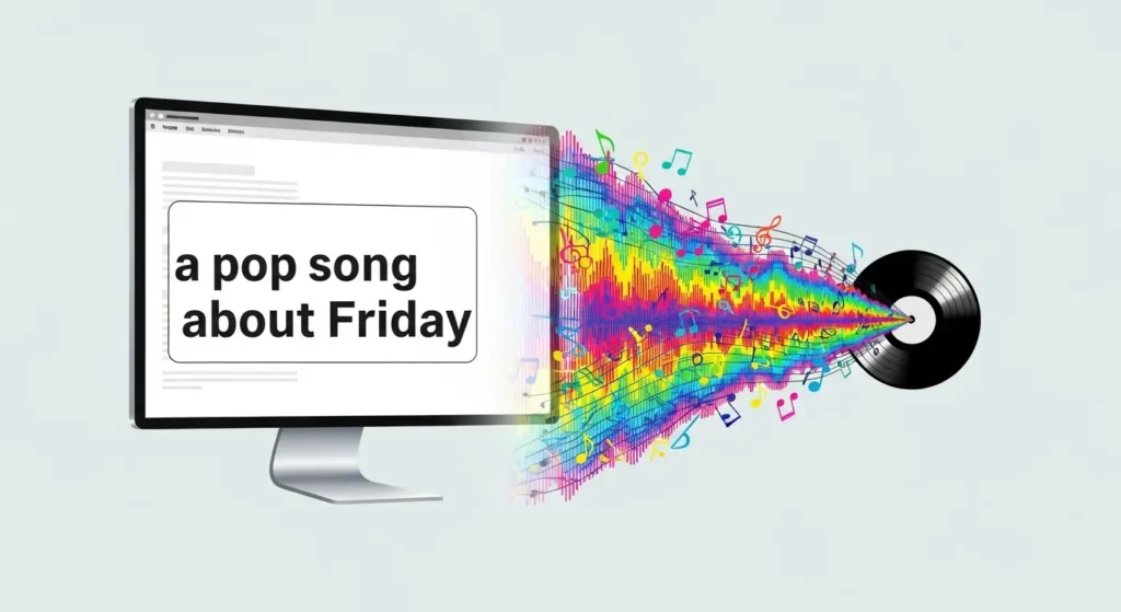 AI Music Generator: Can Really Write Good Music? 1 A computer screen showing a text prompt being turned into colorful sound waves and musical notes.
