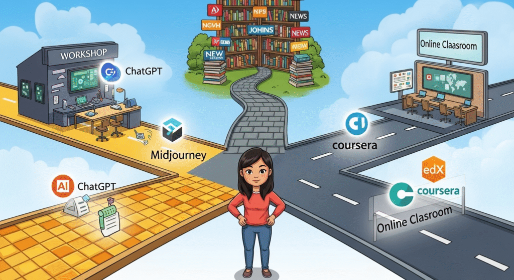 Illustration of a person at a crossroads choosing paths to learn about AI, including tools, news, and online courses.