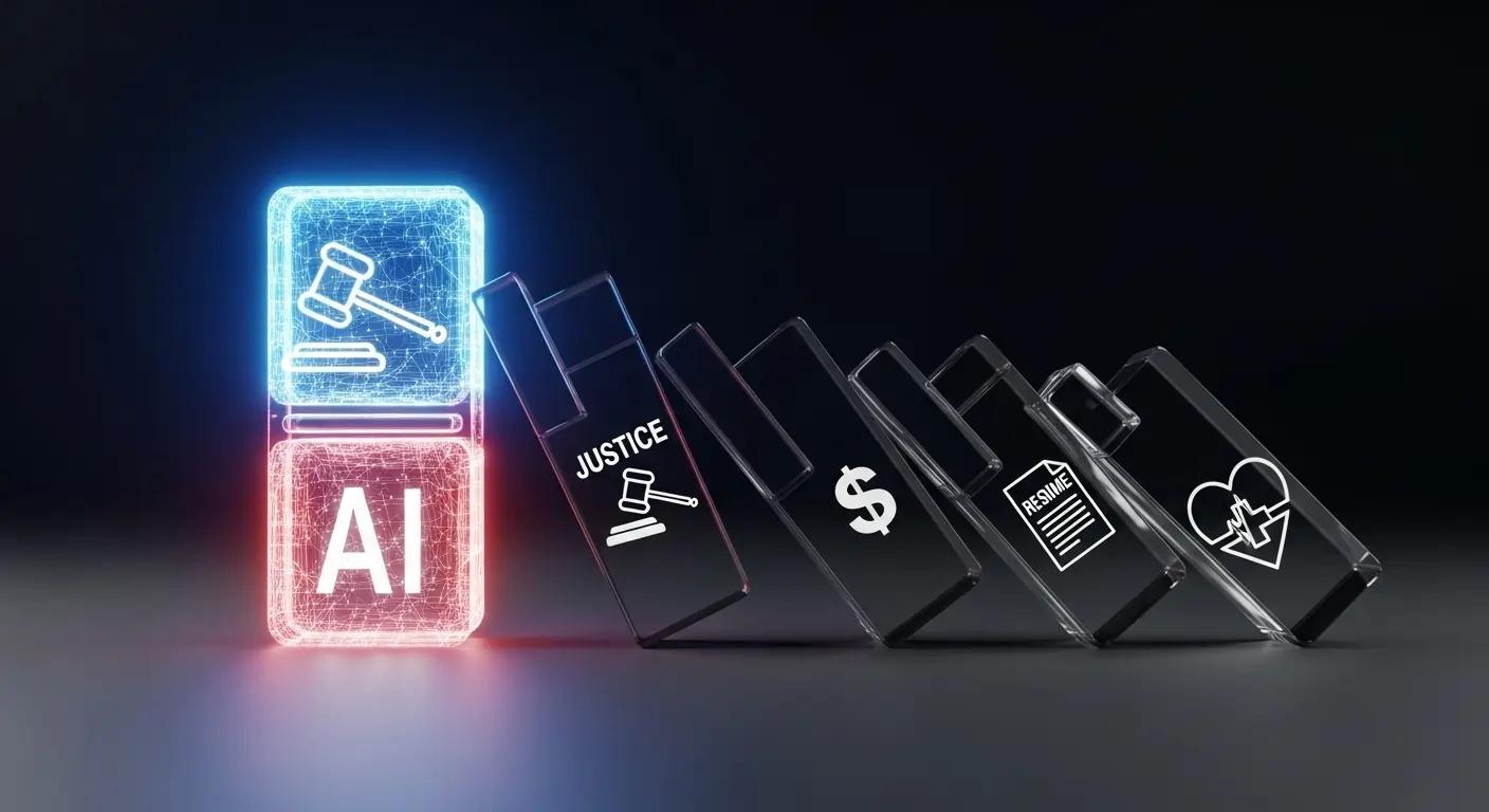 Understanding AI Bias: Why It Happens and How to Fight It 2 A glowing AI domino starting a chain reaction that topples dominoes representing justice, finance, and hiring, showing the real-world impact of AI bias.