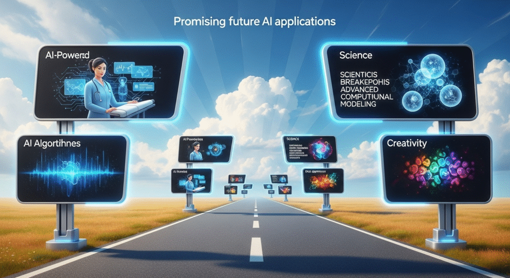 Illustration of a road stretching to the horizon with signposts showing future AI applications in medicine, science, and creativity.