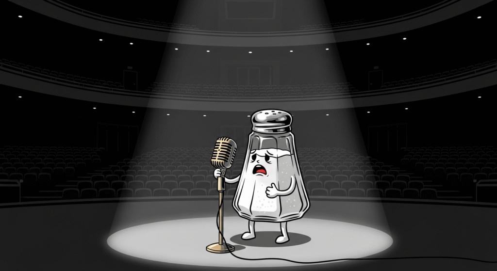 AI Music Generator: Can Really Write Good Music? 2 A lonely salt shaker sings dramatically into a microphone on a stage under a bright spotlight.