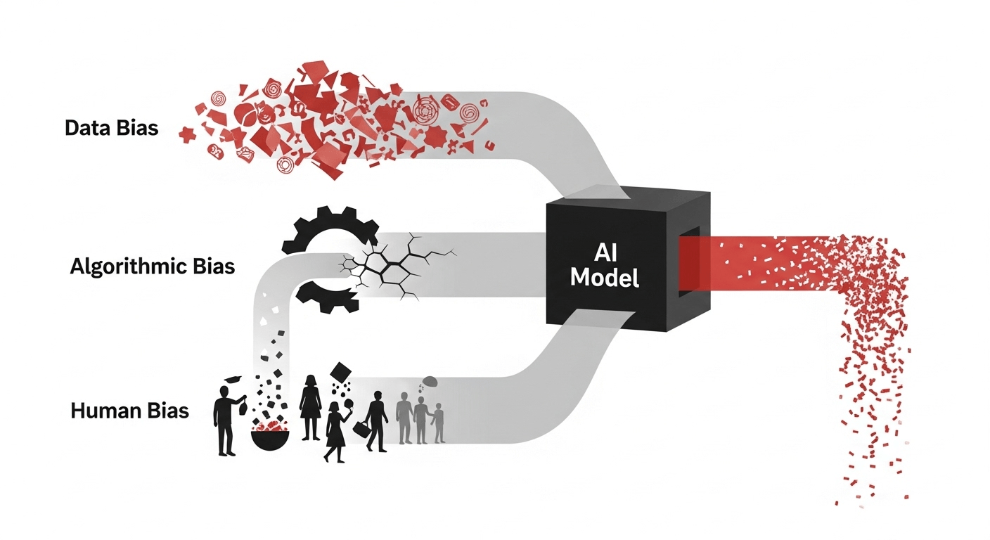 Understanding AI Bias: Why It Happens and How to Fight It 4 An infographic illustrating the three root causes of AI bias: biased data, flawed algorithms, and human intervention.