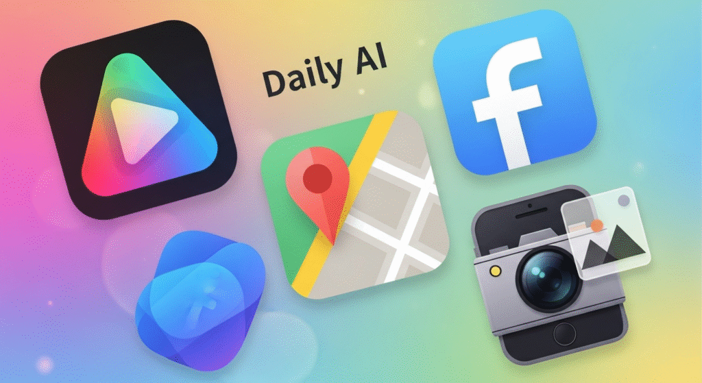 Collage of icons representing daily AI uses like streaming, maps, social media, and smartphone photography.