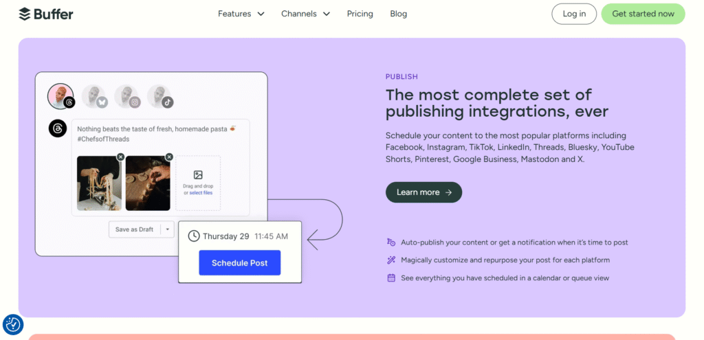 5 AI Automation Tools to Save Your Business 10+ Hours a Week 4 Screenshot of the Buffer dashboard showing how to schedule a social media post with text and images, demonstrating the AI-powered social media automation.