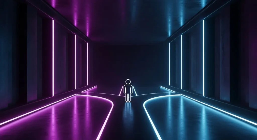 Jasper vs Copy.ai: Which AI Writing Assistant is Worth the Hype? 3 A person standing at a futuristic crossroads with two glowing paths, one purple for Jasper and one blue for Copy.ai, symbolizing the choice between the two AI tools.