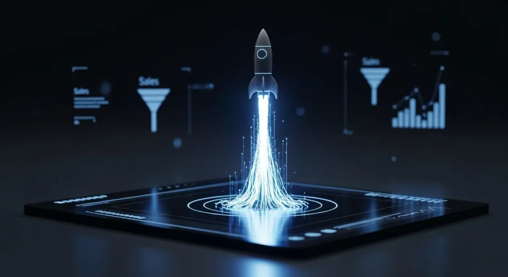 Jasper vs Copy.ai: Which AI Writing Assistant is Worth the Hype? 2 A 3D render of a sleek, blue neon rocket launching from a digital dashboard, representing Copy.ai's focus on go-to-market speed and sales automation.