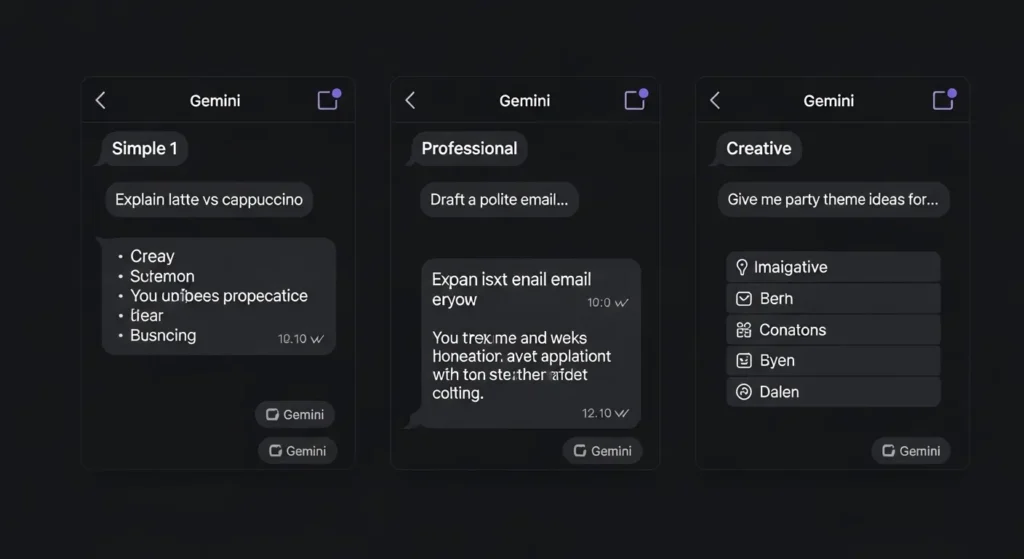 The Complete Guide to Google Gemini (Bard): All of Your Questions Answered 3 A collage of three different prompts given to Google Gemini, showing its versatility in answering questions, drafting emails, and brainstorming creative ideas.