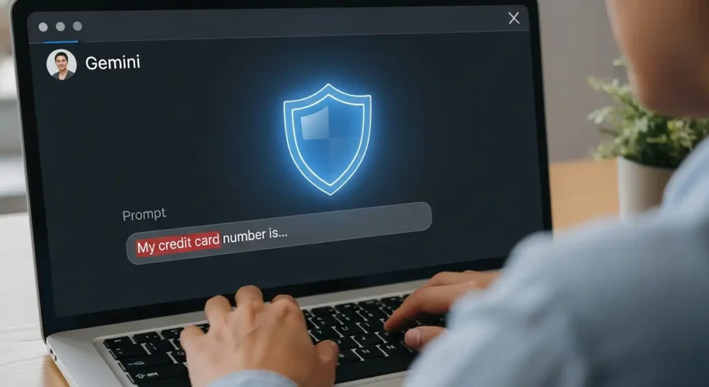The Complete Guide to Google Gemini (Bard): All of Your Questions Answered 7 An image of a user interacting with Google Gemini, with a glowing shield icon over the screen symbolizing safe and responsible use of AI.