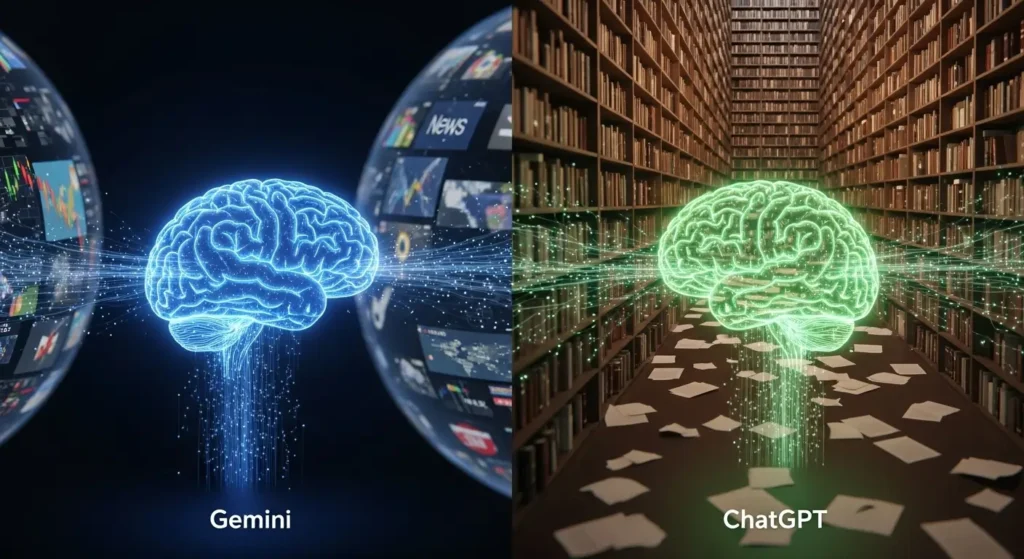 The Complete Guide to Google Gemini (Bard): All of Your Questions Answered 6 A split-screen image comparing Google Gemini, connected to the live internet, with ChatGPT, connected to a static library of data.