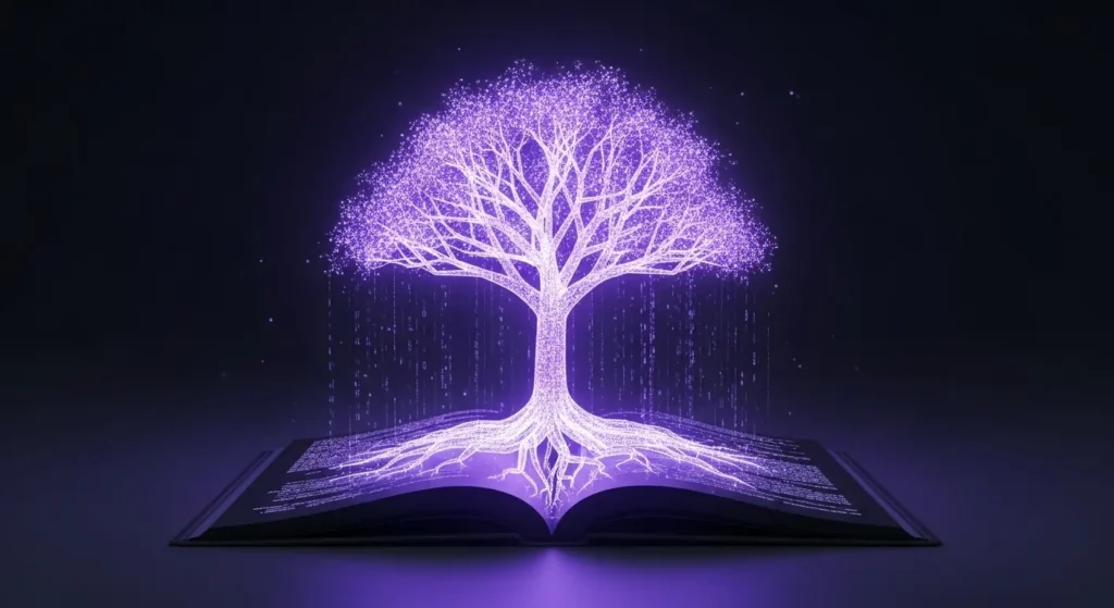 Jasper vs Copy.ai: Which AI Writing Assistant is Worth the Hype? 1 An illustration of a glowing purple holographic tree growing from a digital book, symbolizing Jasper AI's strength in brand building and long-form content creation.