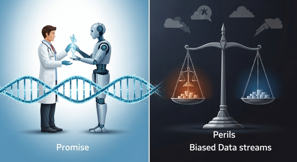 Split-screen illustration showing the pros and cons of AI: one side shows AI helping in medicine, the other shows AI causing bias.