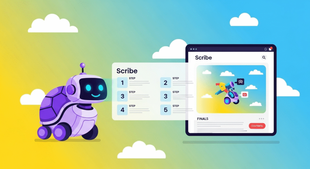 5 AI Automation Tools to Save Your Business 10+ Hours a Week 5 A friendly purple robot mascot for the Scribe AI tool, looking at a step-by-step guide it automatically created, illustrating how to automate process documentation.