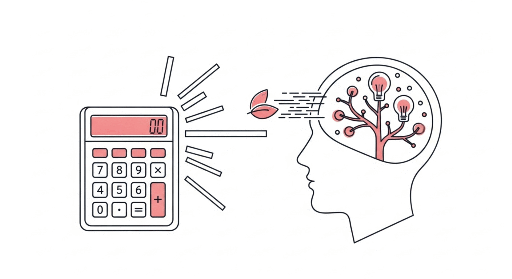 Infographic comparing traditional software, shown as a rigid calculator, to AI, shown as a human head learning organically.