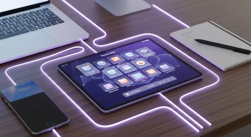 A Day in the Life: How a Solopreneur Uses AI to Run Their Business in Just One Hour a Day 1 A desk flat lay showing a tablet, smartphone, and laptop connected by glowing lines, representing an integrated AI toolkit for business automation.