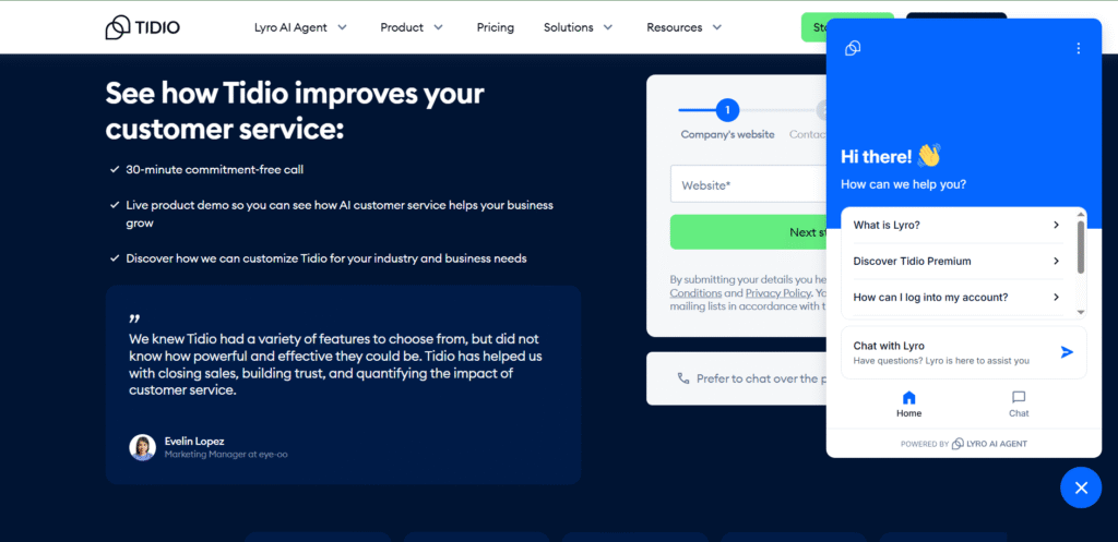 5 AI Automation Tools to Save Your Business 10+ Hours a Week 2 Screenshot of the Tidio AI chatbot on a website, proactively engaging a visitor with a friendly greeting and pre-set common questions to provide instant customer support.