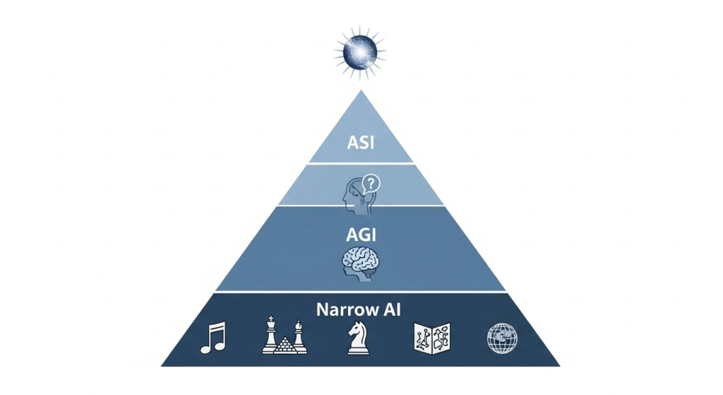 Infographic pyramid showing the three types of AI: Narrow AI at the base, AGI in the middle, and ASI at the top.