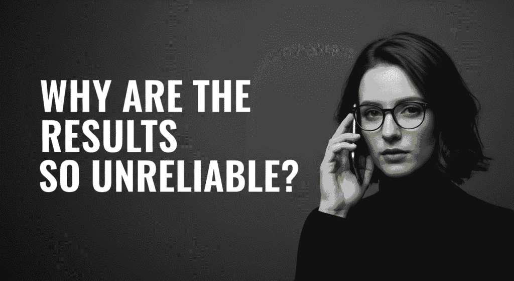 Are AI Detectors Accurate? We Tested Them, and the Answer is Complicated 2 Conceptual image for data integrity issues: A concerned woman on a phone call questions 'Why are the results so unreliable?', representing problems with data analysis, business intelligence, or research.