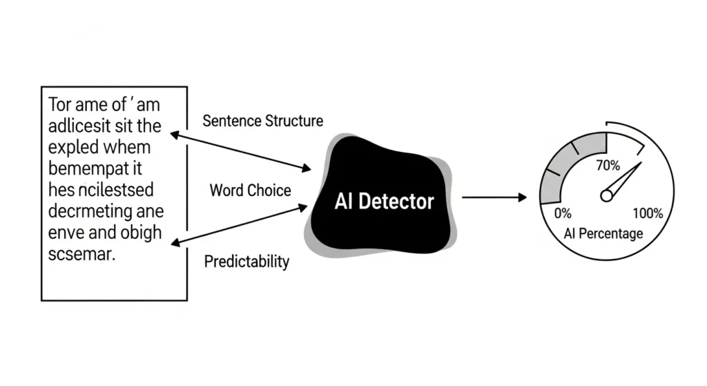 Is ZeroGPT Accurate? 98% Accurate or 98% Speculation? 6 A diagram explaining that AI detectors analyze text for patterns like sentence structure and word predictability to generate an AI score.