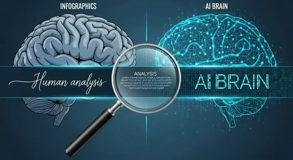 Is ZeroGPT Accurate? 98% Accurate or 98% Speculation? 4 An illustration showing a magnifying glass examining text, with a human brain on the left and an AI brain on the right, symbolizing the process of AI content detection.