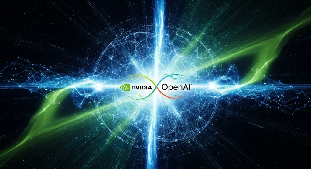 NVIDIA Just Made a 100billion Bet on OpenAI that makes regulators panicking 2 Bright, energetic lines and networks converge around the NVIDIA and OpenAI logos, symbolizing their massive AI infrastructure collaboration and technological breakthrough.