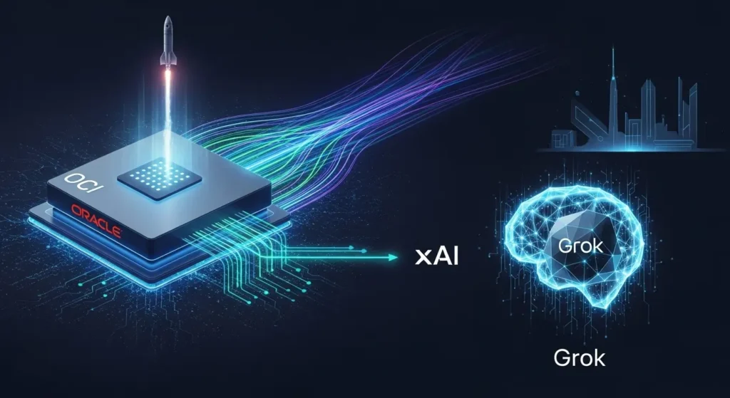 Oracle's $455B AI Backlog Official, Mega-Deals Unconfirmed 1 A dynamic digital illustration depicting the collaboration between Oracle and xAI. The Oracle logo is prominently displayed on a futuristic cloud computing platform, from which glowing data streams emanate. These data streams flow towards a stylized representation of xAI's Grok AI model, perhaps a sleek, futuristic 'brain' or a complex neural network, also emitting light. A subtle, recognizable element related to Elon Musk (e.g., a faint outline of a SpaceX rocket or a Tesla-esque design aesthetic in the background) could be included without being overly dominant. The overall scene should convey power, speed, and seamless technological integration, emphasizing the hosting and training of advanced AI. The color palette should be vibrant, using blues, purples, and electric greens to suggest cutting-edge technology and innovation.