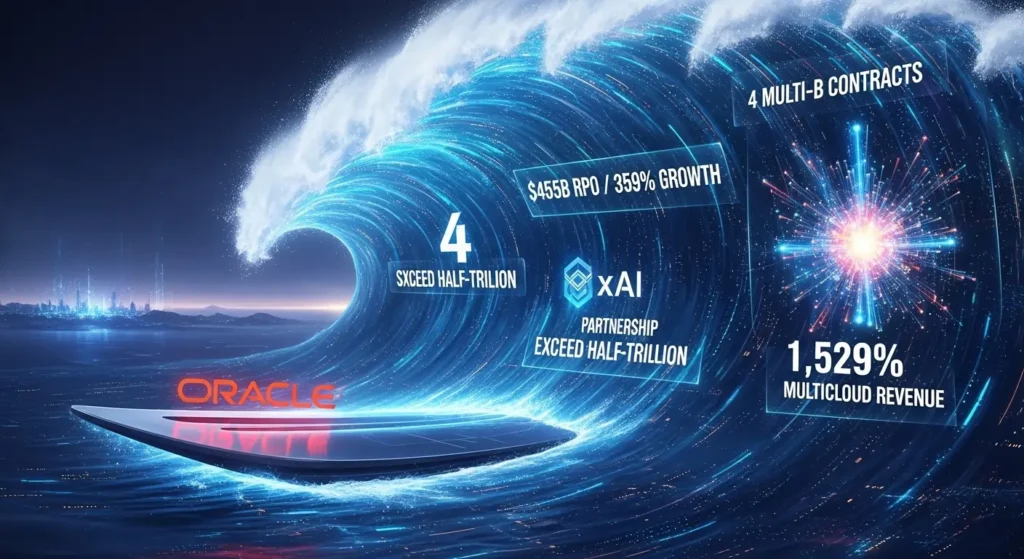 Oracle's $455B AI Backlog Official, Mega-Deals Unconfirmed 2 Oracle logo surfing massive blue energy wave with floating text showing 4 multi-billion contracts, $455B RPO at 359% growth, xAI partnership, and 1,529% MultiCloud revenue growth against cosmic background