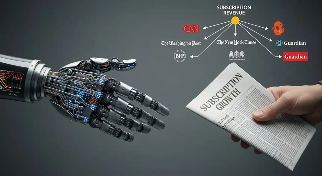 Perplexity's Comet Browser Goes Global and Free 4 A robot hand and a human hand shaking in front of a diagram showing money flowing from a subscription to news publisher logos.
