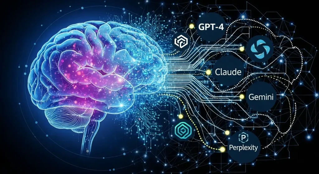 Perplexity's Comet Browser Goes Global and Free 2 An abstract image of a human brain integrating with a digital network that includes logos of various AI language models like GPT-4, Claude, and Gemini.