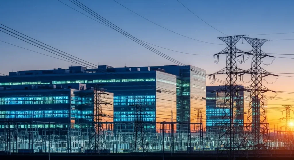 AMD and OpenAI Partnership Transforms AI Infrastructure 4 A vast, modern data center campus at dusk, illustrating the enormous scale of OpenAI's and AMD's 6-gigawatt infrastructure project.