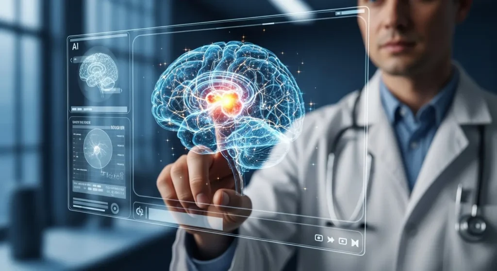 EU Fortifies Tech Sovereignty with €1 Billion AI Investment 1 A doctor examines a detailed, AI-generated 3D hologram of a human brain, illustrating advanced cancer detection and the future of European healthcare.