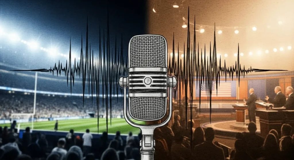The Era of Voice Cloning Deception Has Begun, New Research Confirms 2 A broadcast microphone with a sports stadium and political stage in the background, symbolizing the threat of AI voice misinformation for public figures.