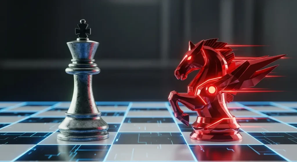 AMD and OpenAI Partnership Transforms AI Infrastructure 3 A red chess knight strategically positioned to challenge a dominant king, symbolizing AMD's move against Nvidia's market share in the AI chip industry.