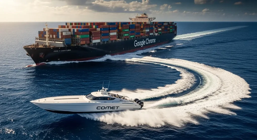 Perplexity's Comet Browser Goes Global and Free 3 A small, fast speedboat labeled "Comet" navigating skillfully around a large container ship labeled "Chrome" in the ocean.