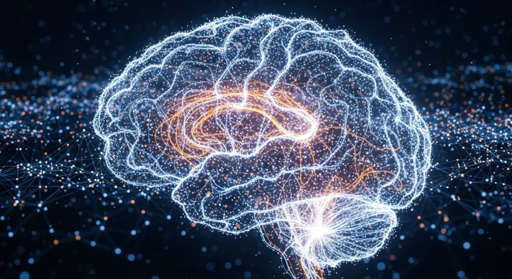 AI vs. Machine Learning vs. Deep Learning: What's the Real Difference? 3 A digital illustration of a human brain made of glowing blue and orange interconnected nodes and lines, representing a complex artificial neural network. The pathways of light show active data processing.