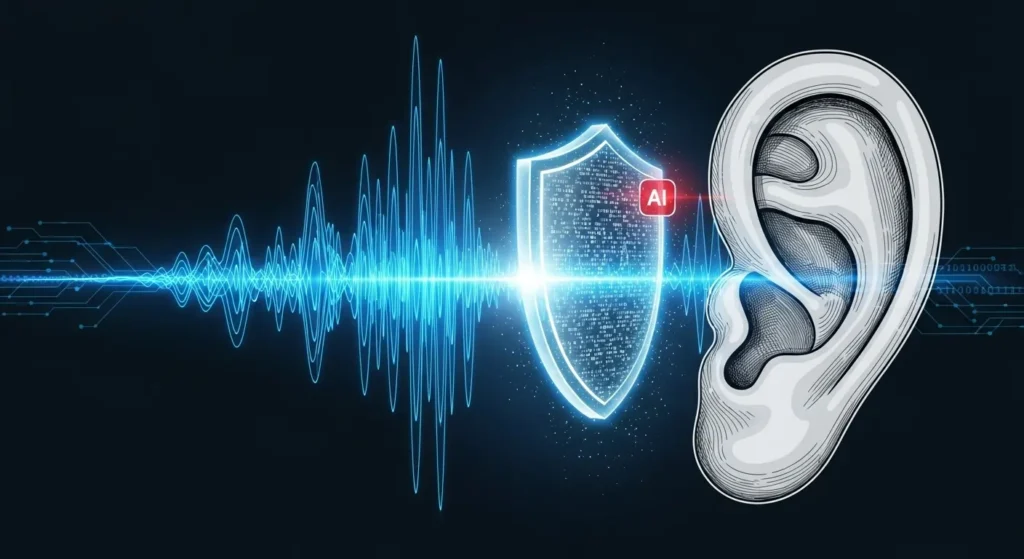 The Era of Voice Cloning Deception Has Begun, New Research Confirms 3 A graphic showing a digital shield with a watermark scanning and identifying an AI-generated soundwave before it reaches a human ear, symbolizing detection technology.