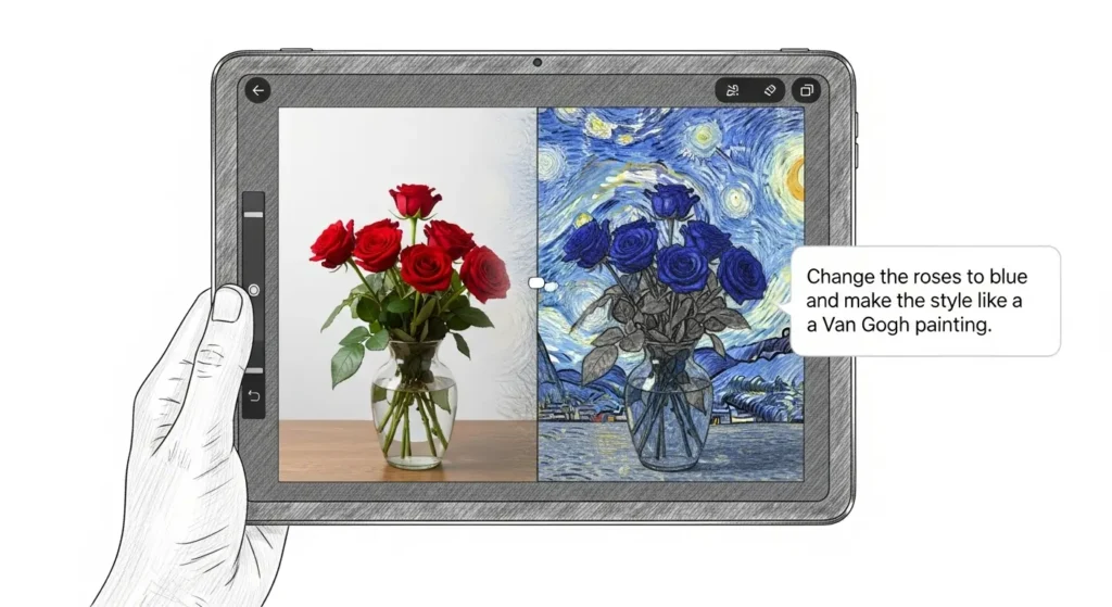 Google's Nano Banana AI is Crushing Adobe and Revolutionizing Image Editing 3 A user holding a tablet and using a text prompt to conversationally edit a photo of roses, changing their color and artistic style instantly.