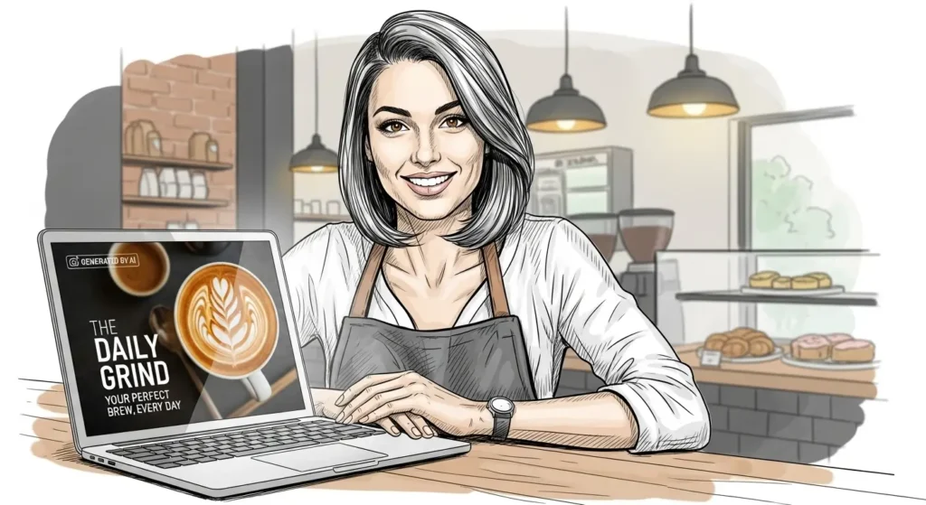 Google's Nano Banana AI is Crushing Adobe and Revolutionizing Image Editing 4 A female small business owner using a laptop to create professional marketing materials for her coffee shop using AI image generation.