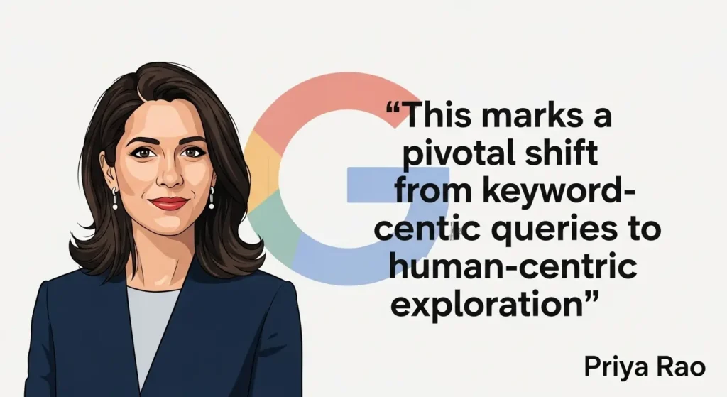 Google's AI Search Just Got a Visual Upgrade 4 A graphic featuring a quote from an industry analyst about the shift to human-centric exploration in AI-powered search. Google's Ai.