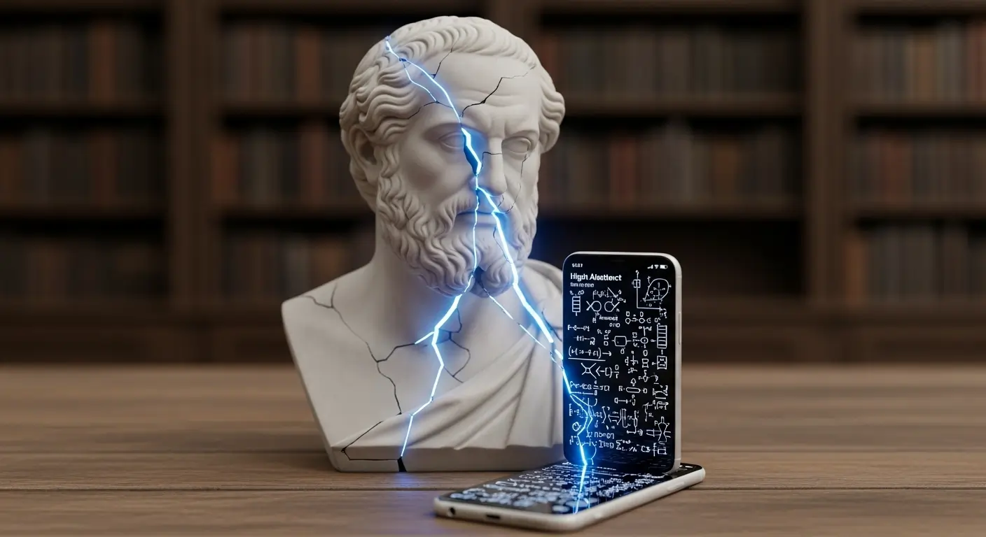 The Open AI Earthquake: Why 800 Million Users Are Now Building Their Lives with FREE, PhD-Level AI 2 A cracked marble bust of a scholar glowing with blue AI light, next to a smartphone displaying complex formulas, symbolizing world-class intelligence made free and mobile.