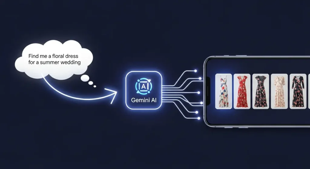 Google's AI Search Just Got a Visual Upgrade 1 Infographic illustrating how a conversational search query is processed by Gemini AI to generate a variety of visual, shoppable dress options.