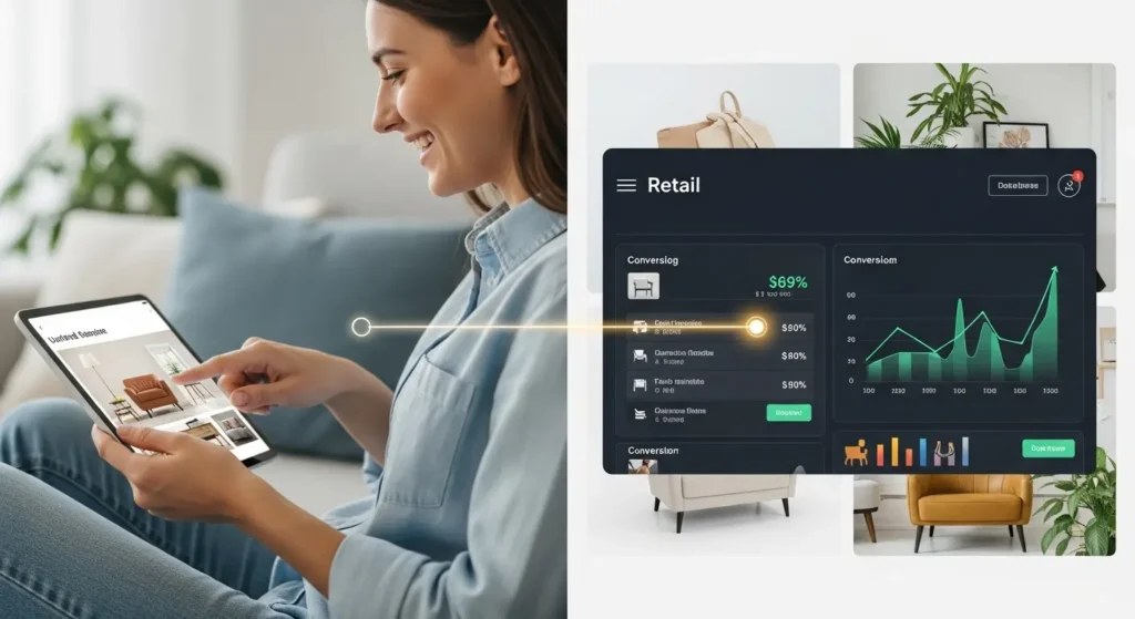 Google's AI Search Just Got a Visual Upgrade 2 A split image showing a satisfied customer easily finding products and a retailer's analytics dashboard showing increased sales and engagement.