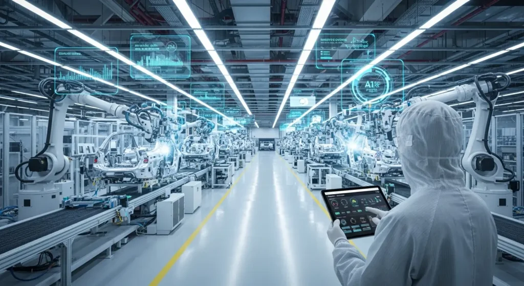 EU Fortifies Tech Sovereignty with €1 Billion AI Investment 2 A futuristic European smart factory where AI-controlled robotic arms assemble a car, demonstrating increased productivity and the integration of autonomous intelligence in manufacturing.
