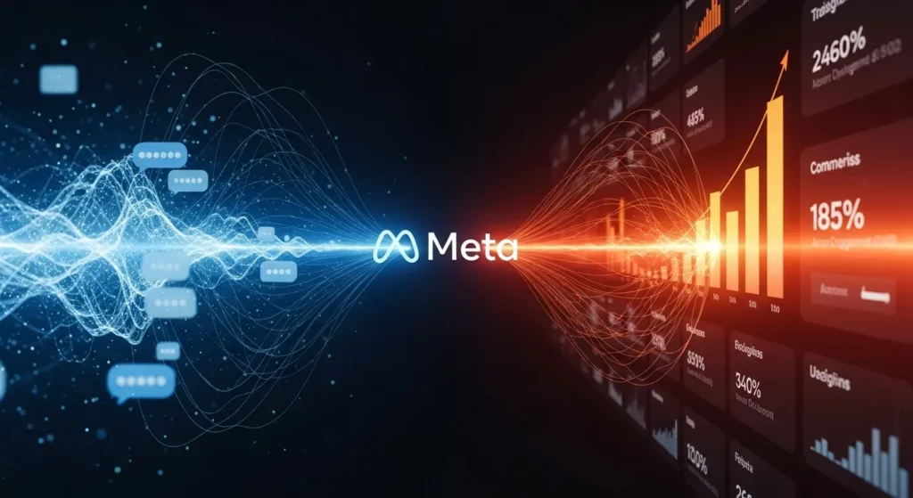 Meta’s Massive AI Infrastructure Investment & Ad Integration 2 The Meta logo connecting an AI neural network on one side and a digital advertising dashboard on the other, symbolizing their integration.