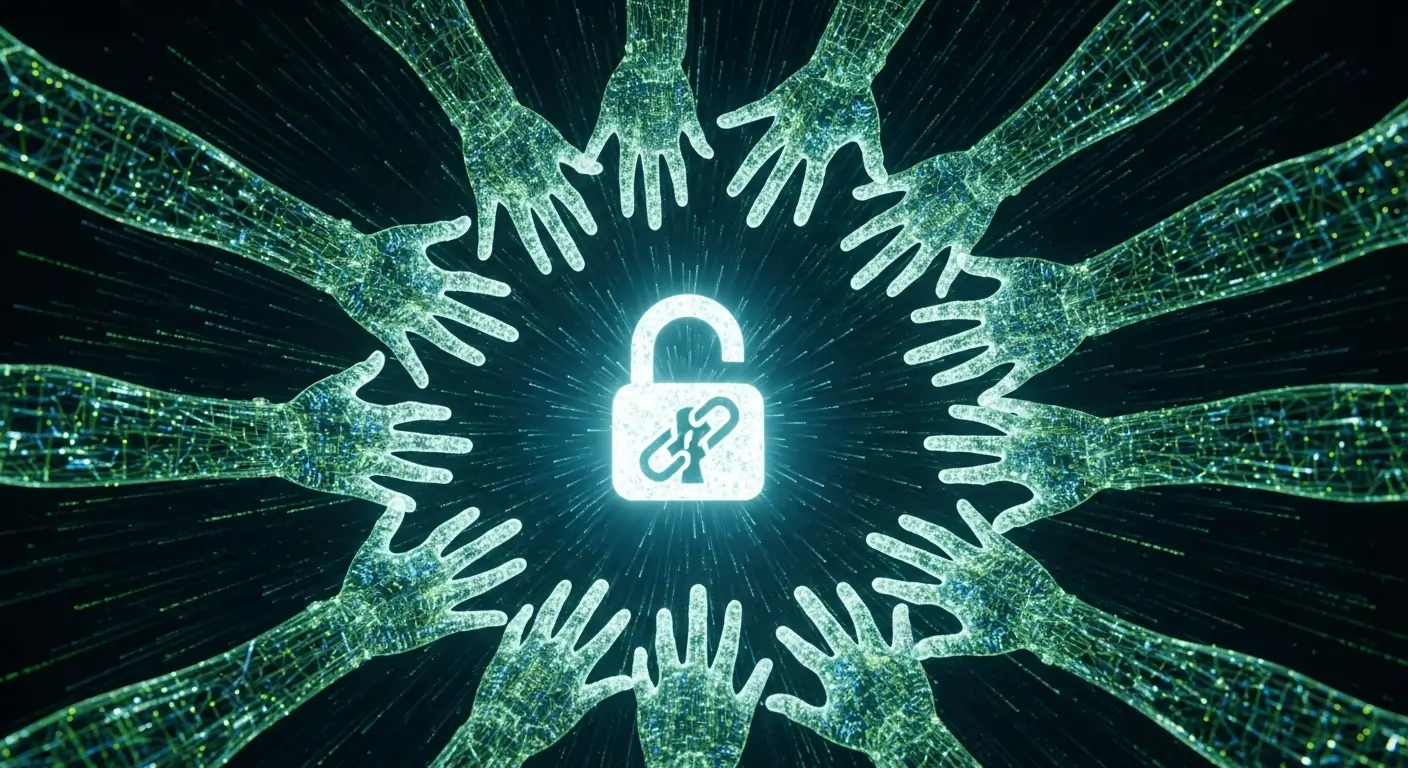 The Open AI Earthquake: Why 800 Million Users Are Now Building Their Lives with FREE, PhD-Level AI 3 Interconnected hands made of glowing code forming a circle around an unlocked padlock, representing the freedom and collaborative power of the open-source AI movement.