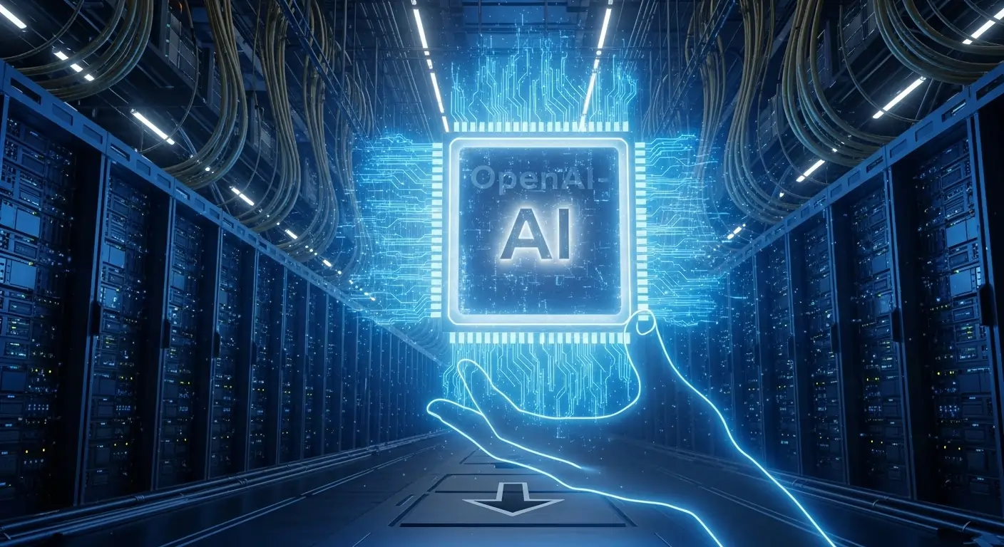 The Open AI Earthquake: Why 800 Million Users Are Now Building Their Lives with FREE, PhD-Level AI 1 Futuristic blue and silver AI chip held by a human hand, set against a massive data center backdrop, symbolizing accessible, powerful, and cheaper AI infrastructure.