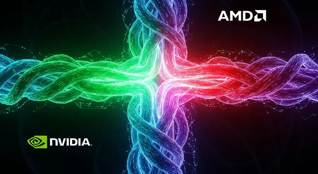 AMD and OpenAI Partnership Transforms AI Infrastructure 5 An abstract image showing a single data stream splitting into two powerful, distinct pipelines, symbolizing supply chain diversification.