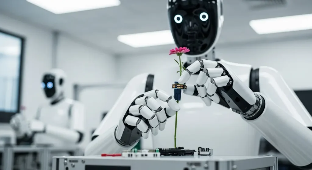 Tesla's AI Chip Strategy Shift Prioritizes Inference Power 2 Tesla's Optimus humanoid robot performing a delicate task with precision, illustrating the enhanced capabilities provided by the new on-board AI5 inference chip.